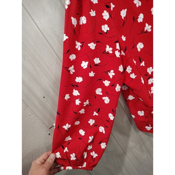 J Crew Blouse Women Red Floral Print Plus Size 3X Fairy Peasant Ruffle Neck Top - Picture 2 of 8